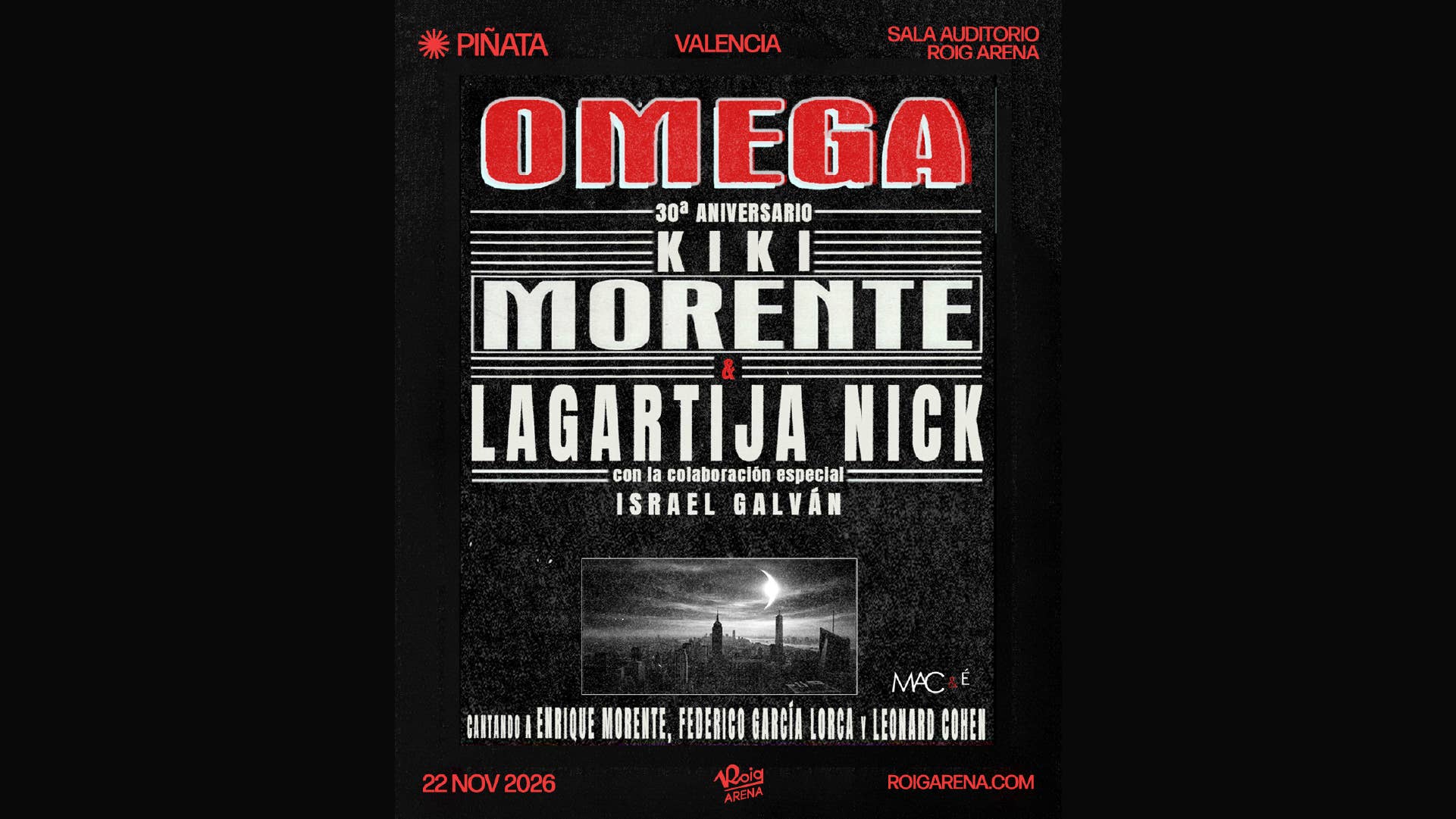 Kiki Morente y Lagartija Nick actuarán el 22 de noviembre en la sala Auditorio Roig Arena